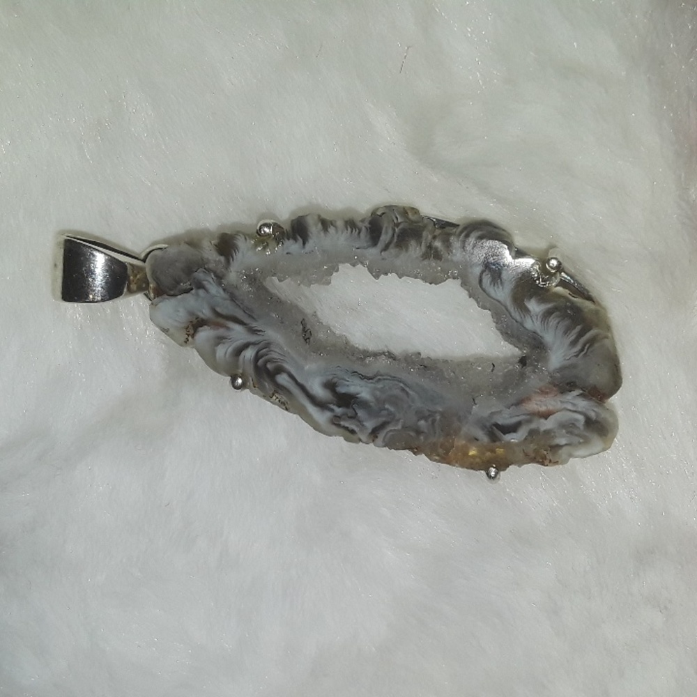 Geode Druzy Agate Slice Pendant .925 Sterling Silver Shimmer White Black Gray